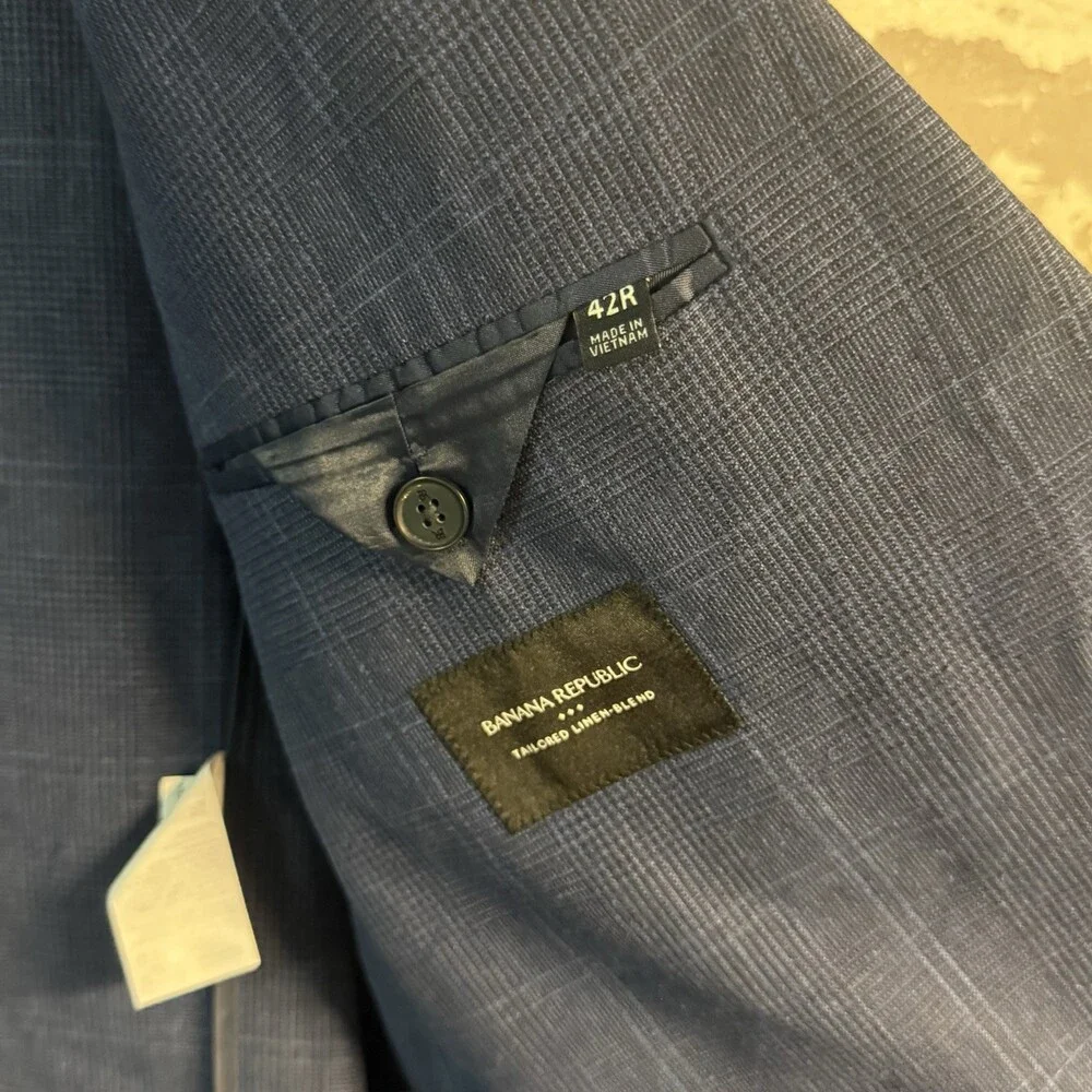 NEW Banana Republic Linen Blend Blue Plaid Blazer Men’s 42R